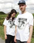 Two people wearing white BANGKITAN t-shirts outdoors with a cloudy sky.