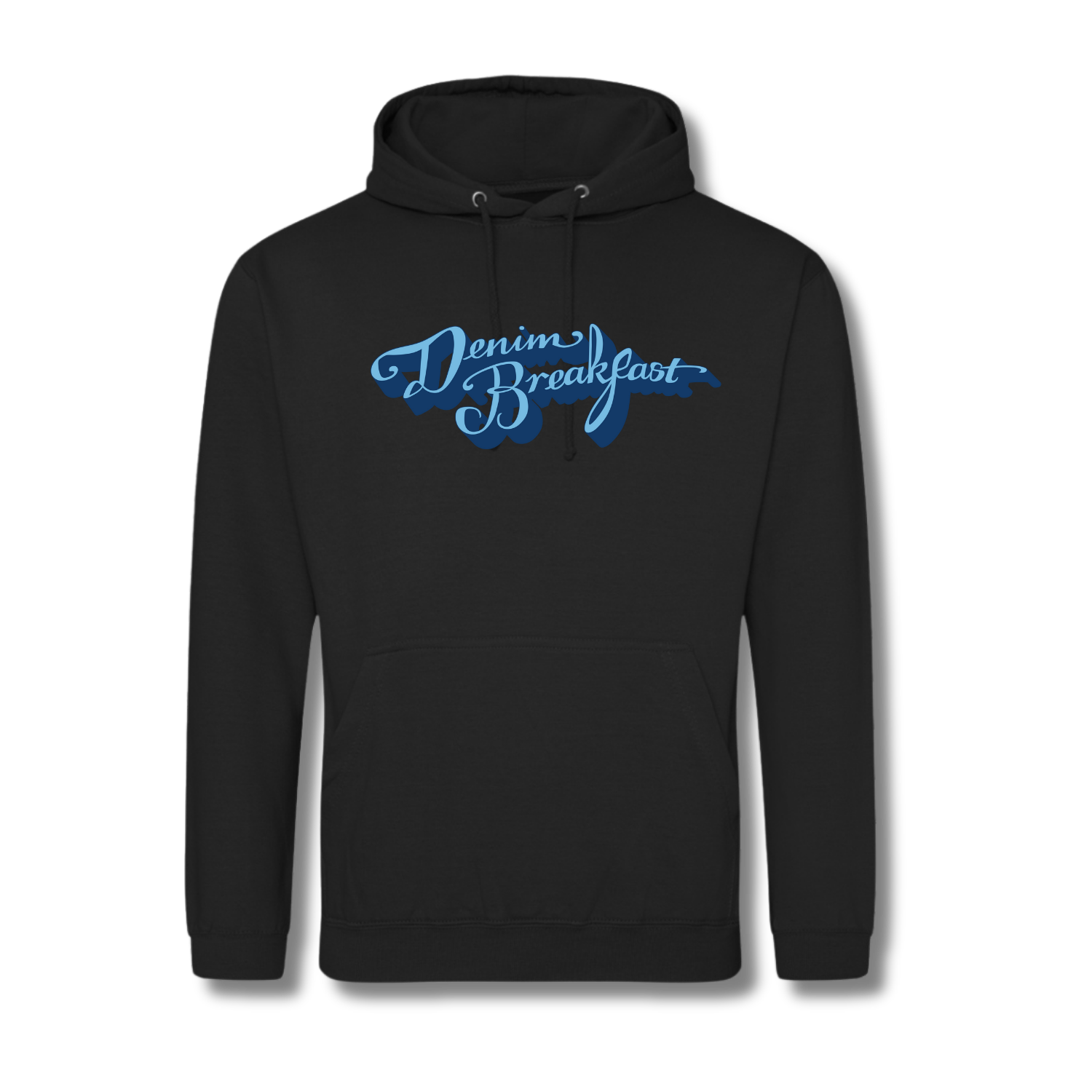 black hoodie with denim breakfast  on it