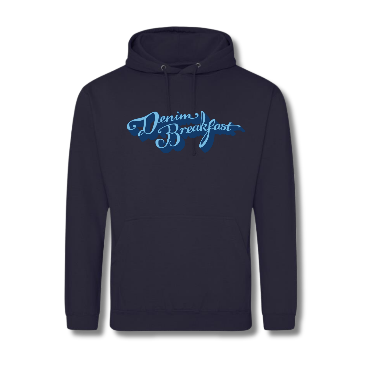 navy hoodie with denim breakfast on it