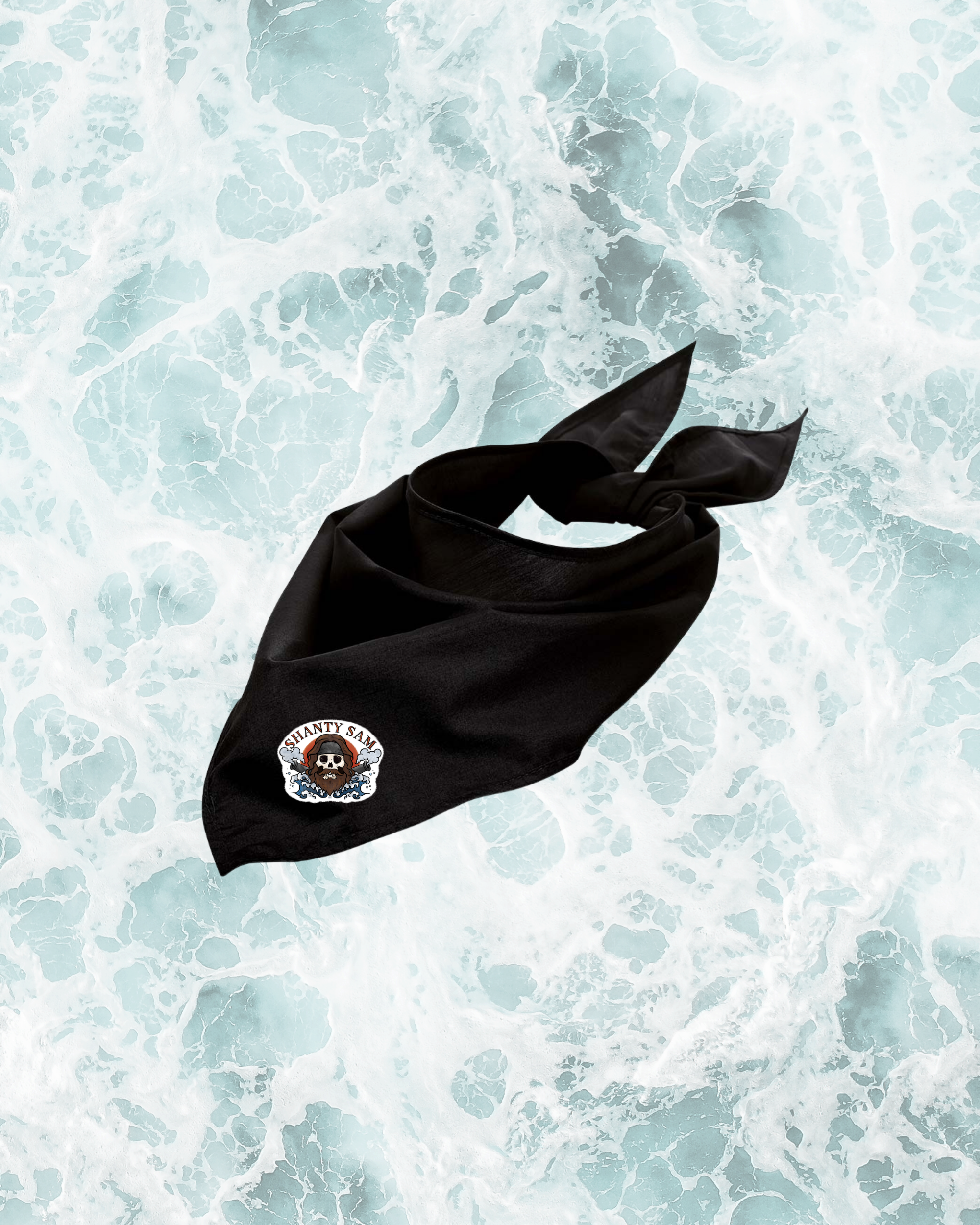 A black bandana with shanty sam skeleton pirate logo
