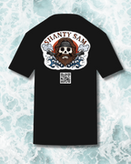 back of a black t-shirt with shanty sam logo and Qr