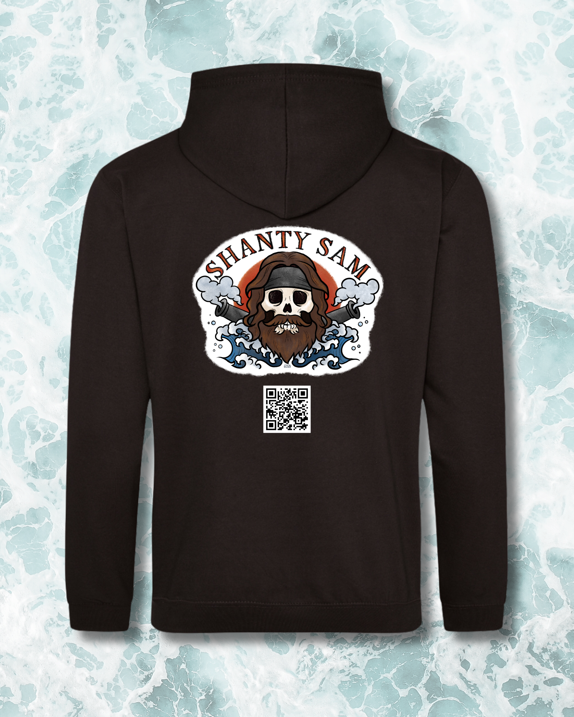 back of a black hoodie with shanty sam logo and Qr code