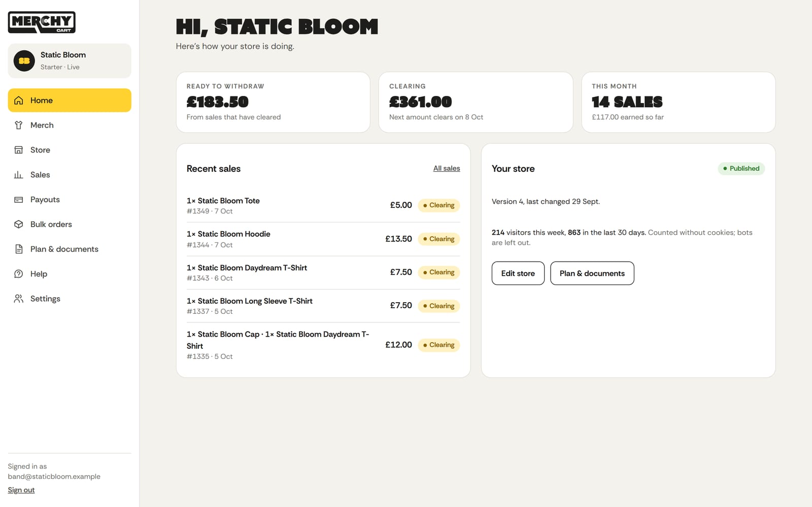 The studio's Home page on a laptop: money ready to withdraw, money still clearing, this month's sales and the latest orders