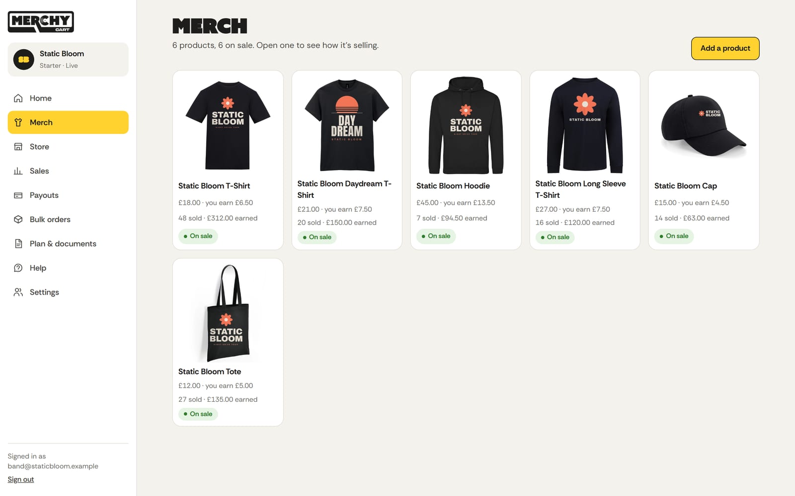 The studio's Merch page: a band's products as cards with their pictures and prices