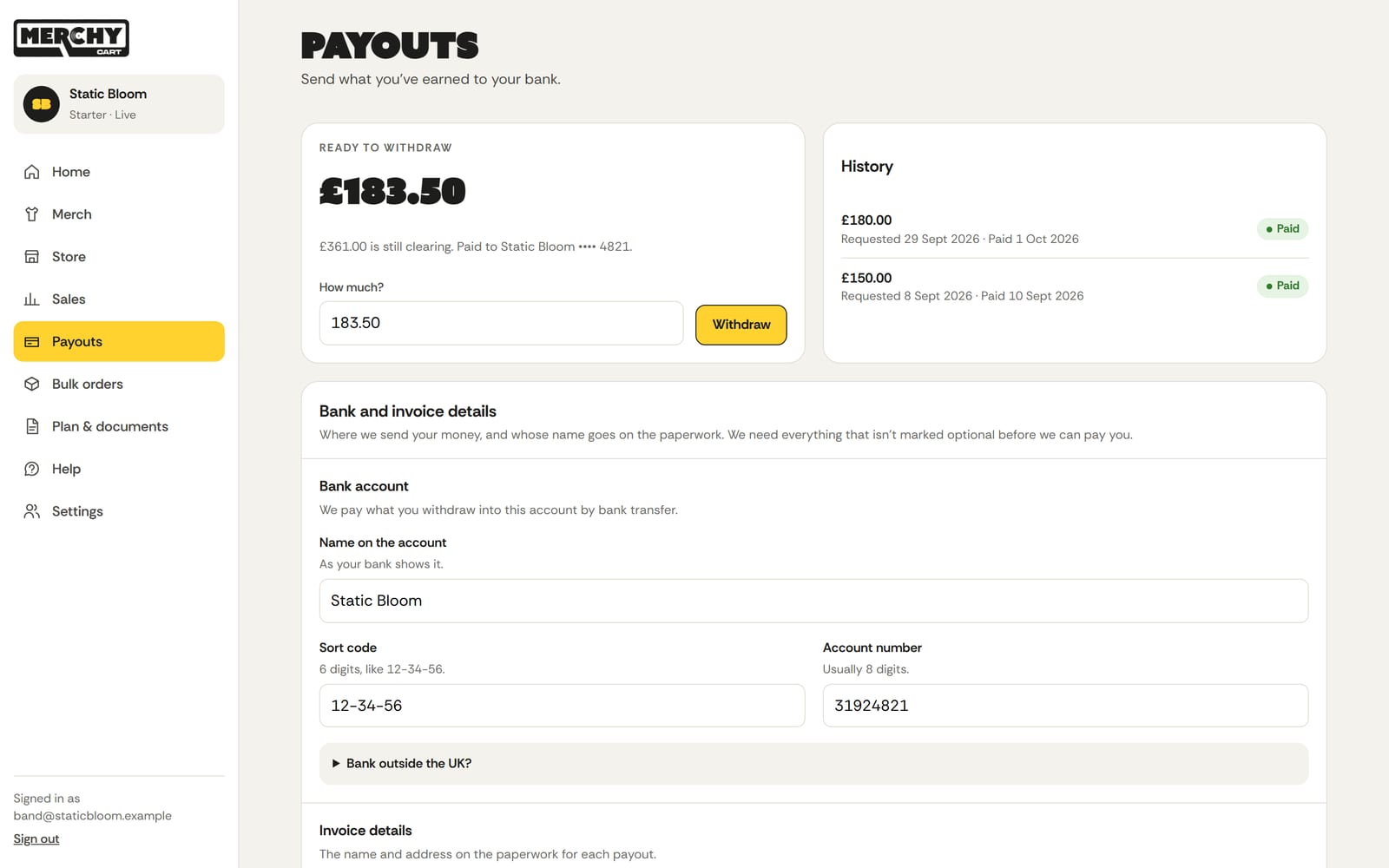 The studio's Payouts page: the balance ready to withdraw, what's still clearing and past payouts
