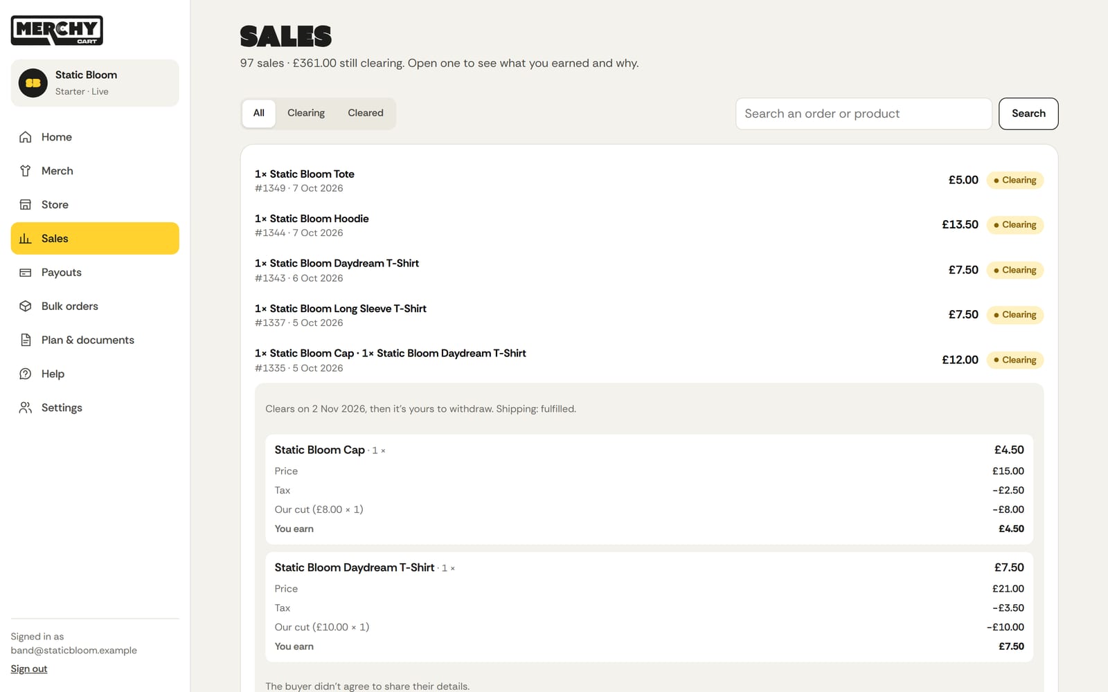 The studio's Sales page: a list of orders with what each one earned