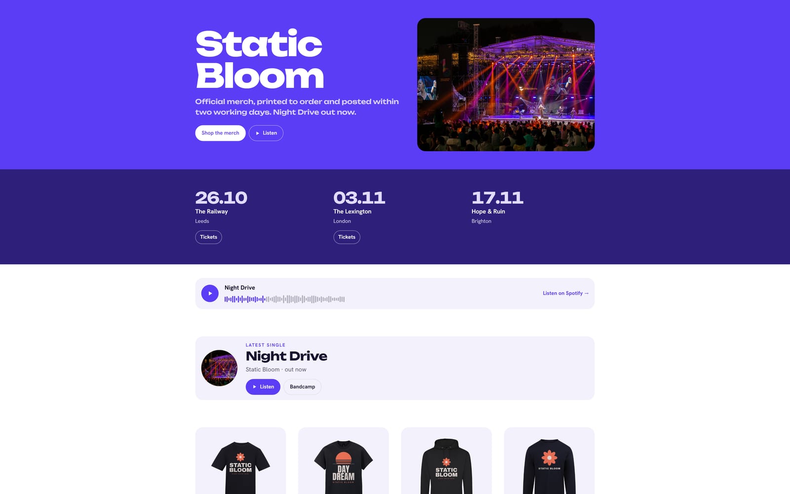 The Festival template: a bold block of colour, rounded type and show dates as big numbers
