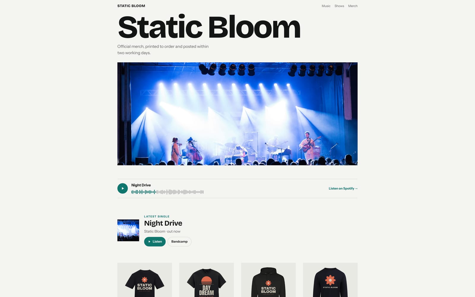 The Liner notes template: the band's name set big above a photo, with a listen bar