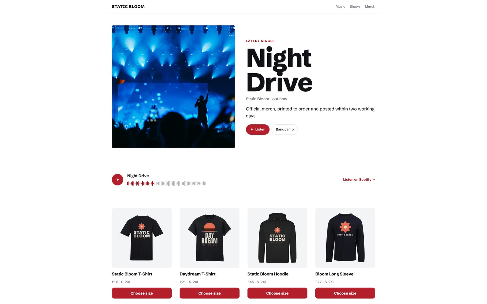 The Release store template in the studio, with a band's latest single at the top